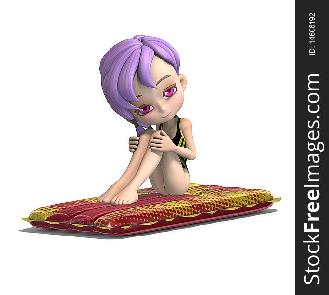 Cute Cartoon Girl Sitting On An Inflatable Bed.