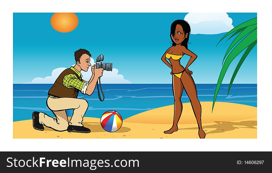 Cartoon vector illustration of photographer beach model