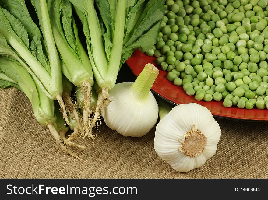 Garlic ，pea and small Chinese cabbage closeup
