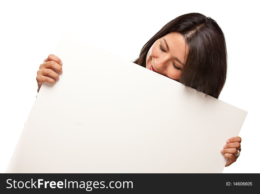 Attractive Multiethnic Woman Holding Blank White Sign Isolated on a White Background.