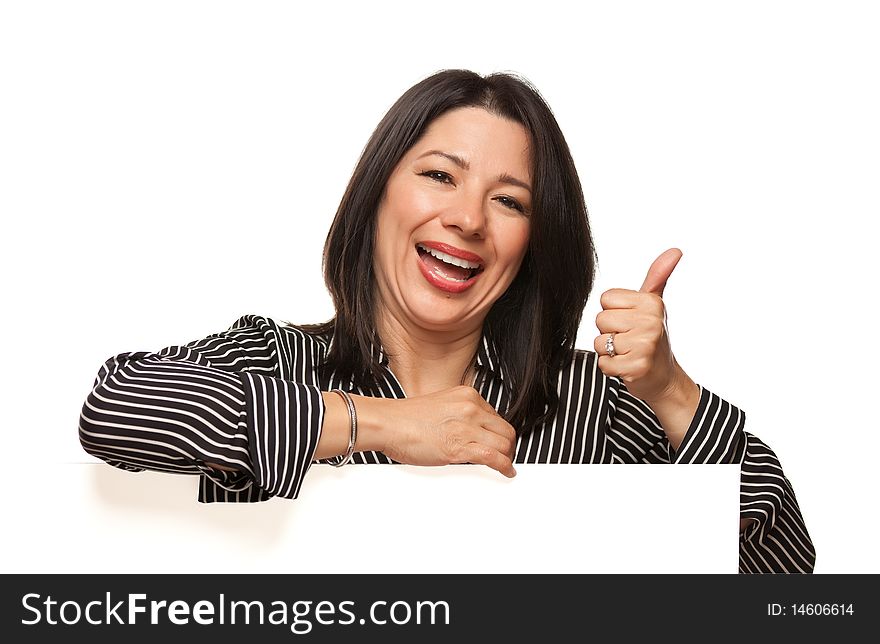 Multiethnic Woman Leaning On Blank White Sign