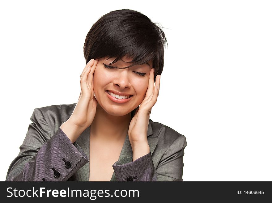 Multiethnic Young Adult Woman with Headache Isolated on a White Background.