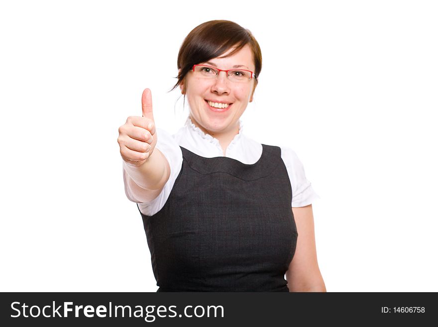 Happy young businesswoman, thumb up, isolated