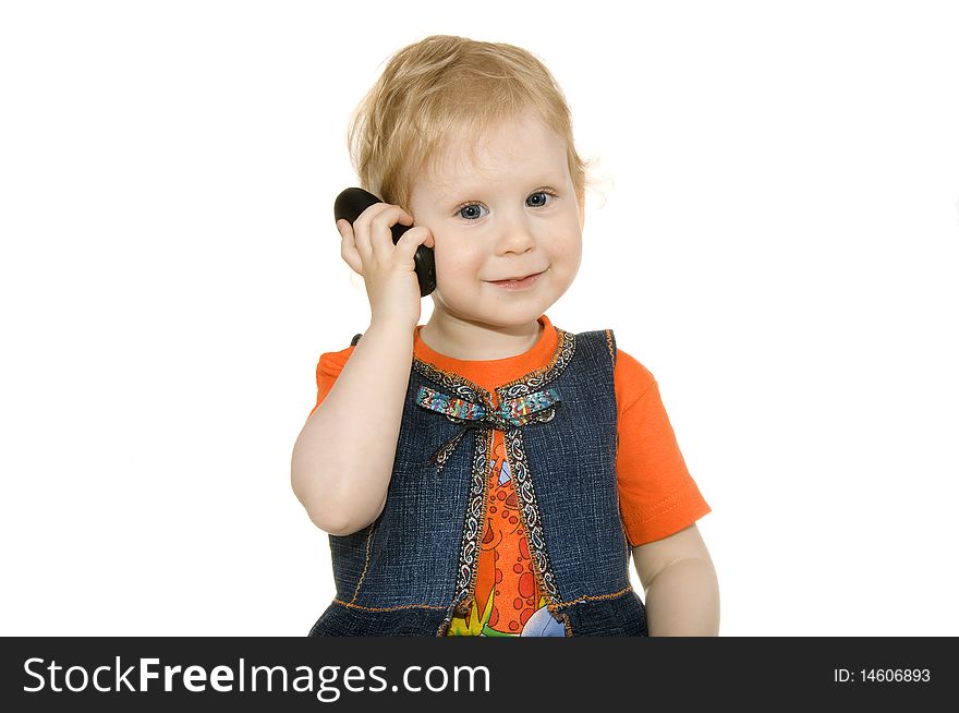 Girl with telephone insulated on white background