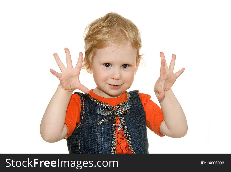 Girl with raise hands on white background