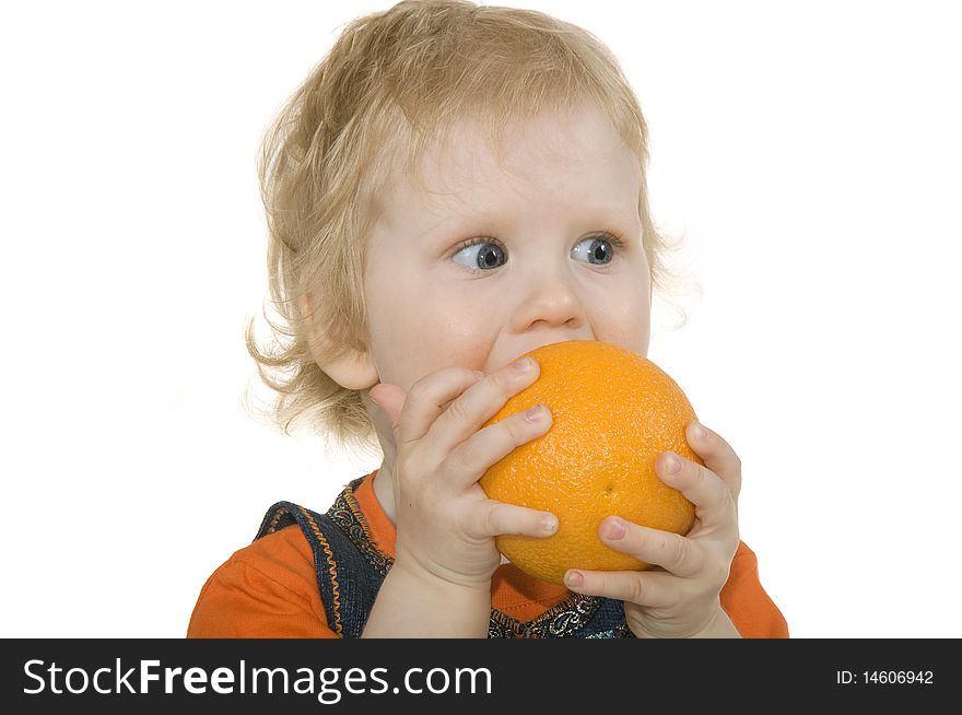 Girl with orange is insulated on white background. Girl with orange is insulated on white background