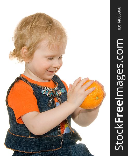 Girl with orange is insulated on white background