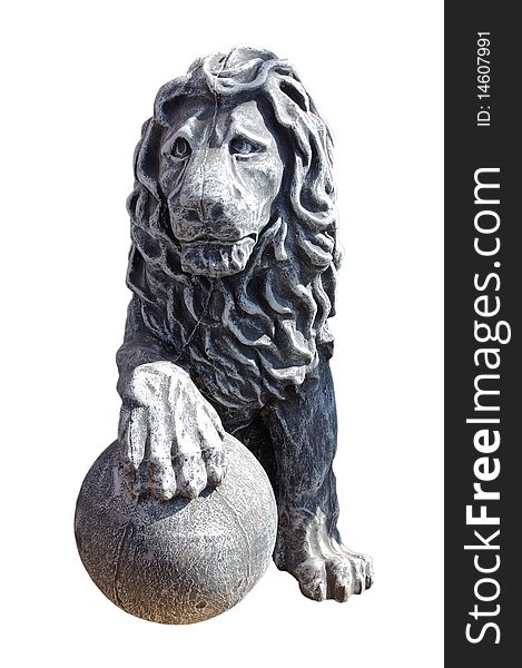 A stone statue of a lion for the garden is isolated on a white background. A stone statue of a lion for the garden is isolated on a white background