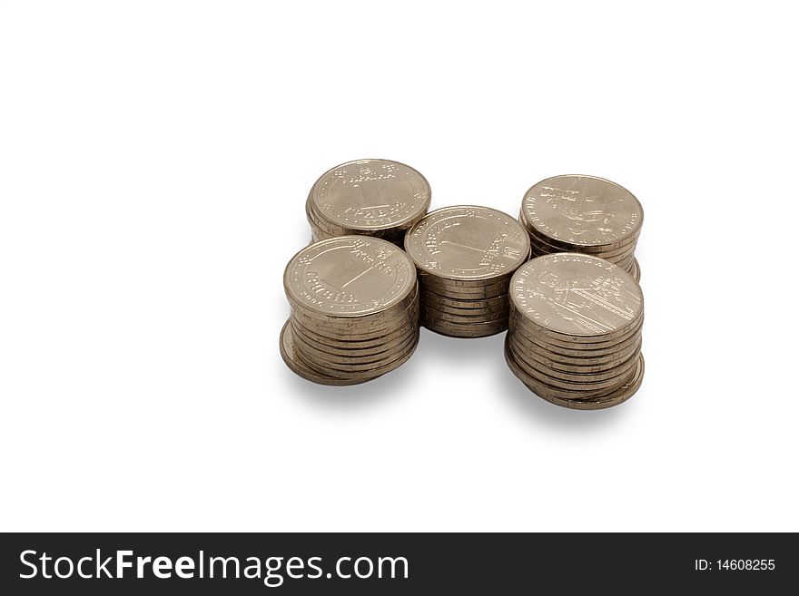 Gold color  coins on white background