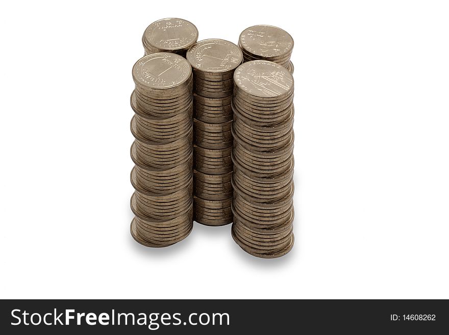 Gold color  coins on white background