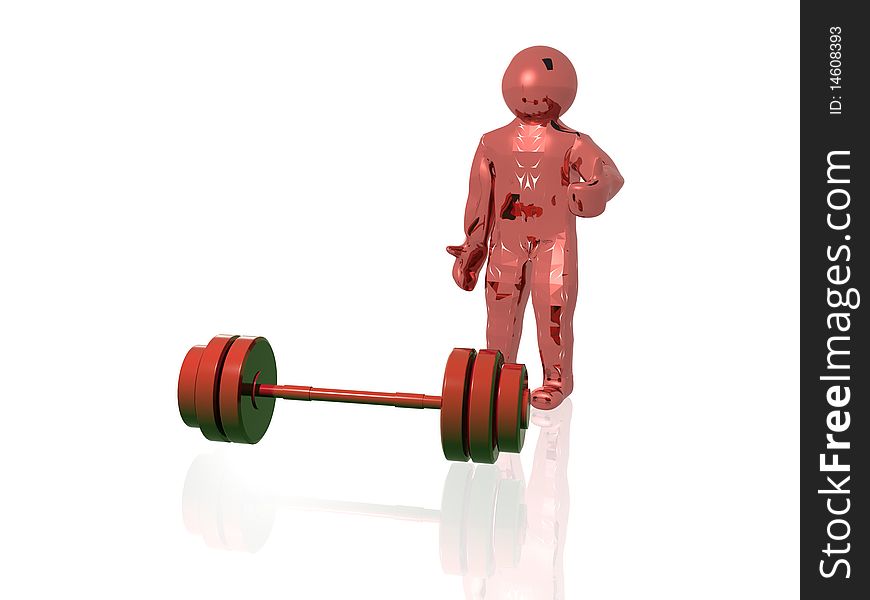 Red man with dumbbell on white reflective background.
