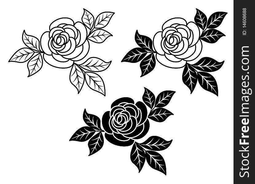 Three illustration of a rose , black-and-white execution. Three illustration of a rose , black-and-white execution