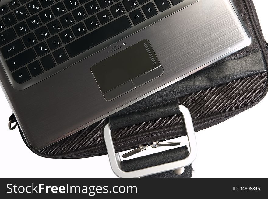 Stilysh laptop with black handbag, white background. Stilysh laptop with black handbag, white background