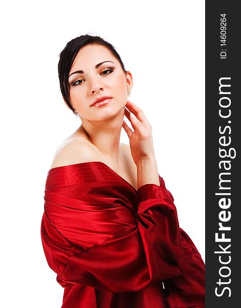Picture of sensuality young woman in red gown on white background.