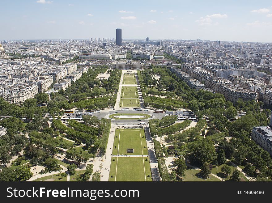 View from Eiffel Tower, Paris with blue sky and cloud, stretches of lawn