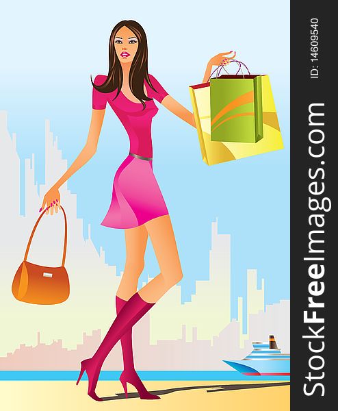 Fashion shopping girls with shopping bag -  illustration