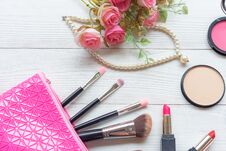 Valentine Gift. Makeup Cosmetics Tools Background And Beauty Cosmetics, Products And Facial Cosmetics Package Lipstick With Pink R Royalty Free Stock Photography