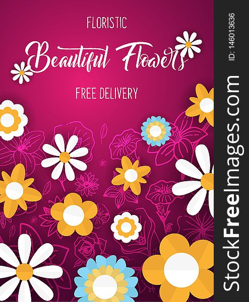 Flat Flowers On A Sketches Background. Floral Banner. Vector Illustration.