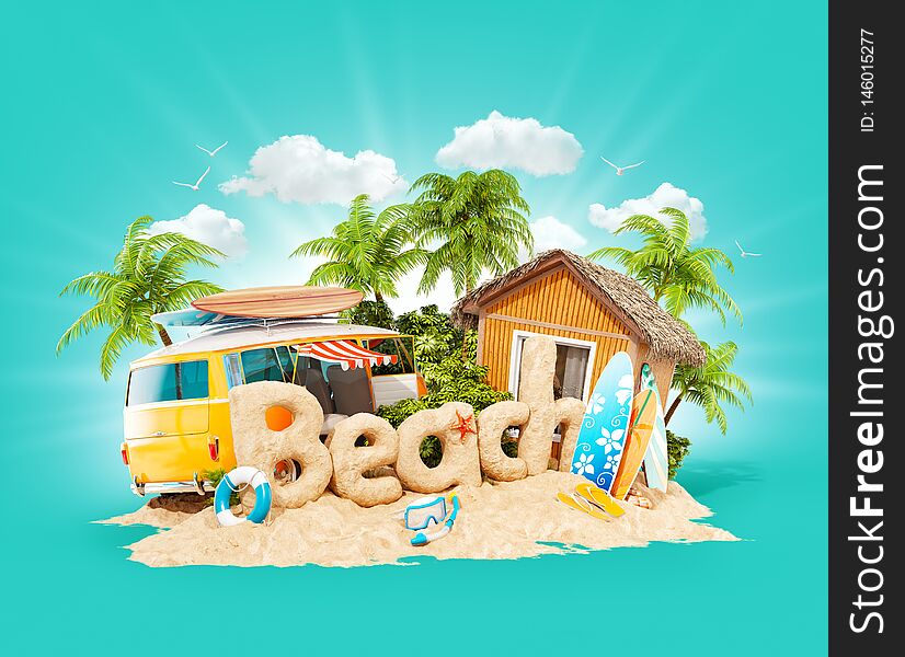 The word Beach made of sand on a cute little tropical island. Unusual 3d illustration of summer vacation. Travel and vacation concept.