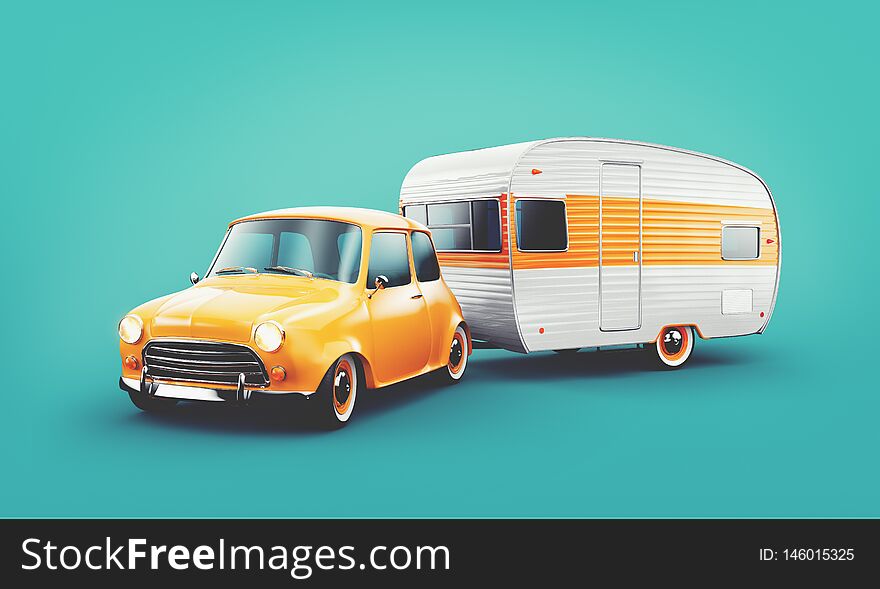 Retro car with white trailer. Unusual 3d illustration of a classic caravan. Camping and traveling concept