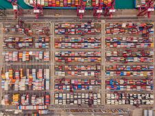 Aerial Top View Of Container Cargo Ship In The Export And Import Business And Logistics International Goods In Urban City. Stock Photography
