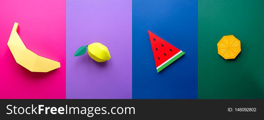 Fruit made of paper. Colorful background. Tropics. Flat lay