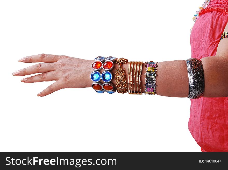 This is a beautiful sexy lady jewelery in hand isolated on a white background.