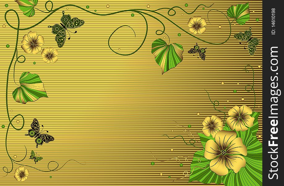 Decorative golden floral striped frame with garland and butterflies. Decorative golden floral striped frame with garland and butterflies