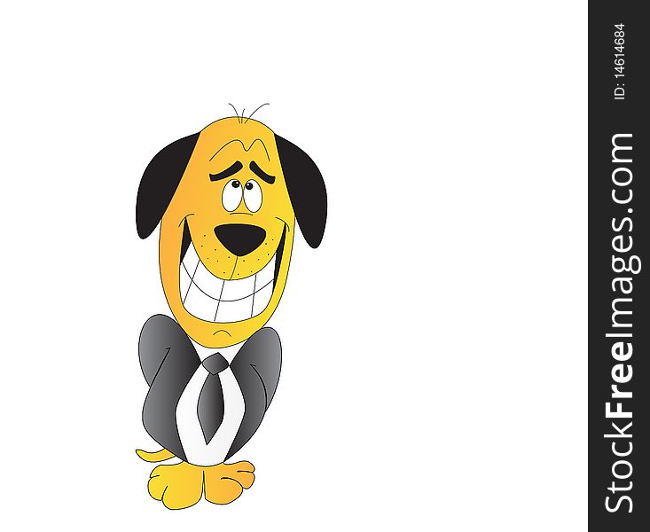 Comic illustration of a smiling dog in suit