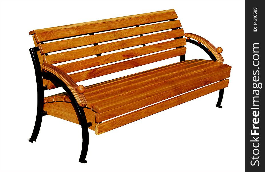 Wooden garden bench with curved metal legs on a white background