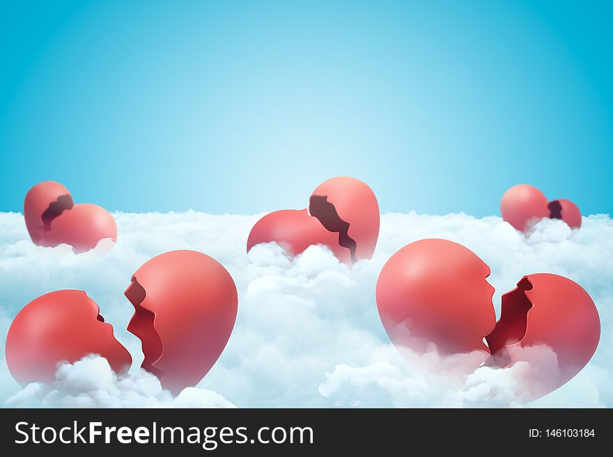 3d rendering of red broken hearts in white clouds on blue sky background. Digital art. Feelings and emotions. Relationship problems.