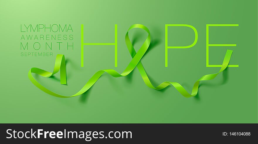 Lymphoma Awareness Calligraphy Poster Design. Realistic Lime Green Ribbon. September is Cancer Awareness Month. Vector