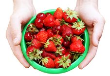 Mans Hands Keeping Plate With A Strawberry Stock Photo