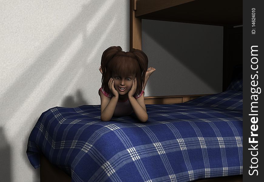 3D render of a young girl on a bunk bed. 3D model computer generated image. 3D render of a young girl on a bunk bed. 3D model computer generated image