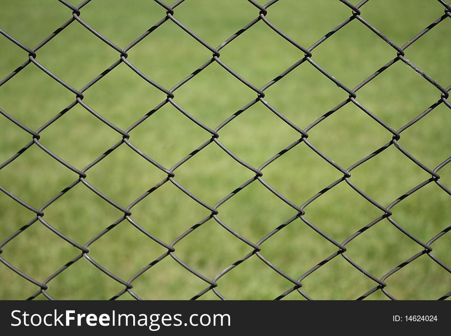 Metal grid on the green blurred background. Metal grid on the green blurred background
