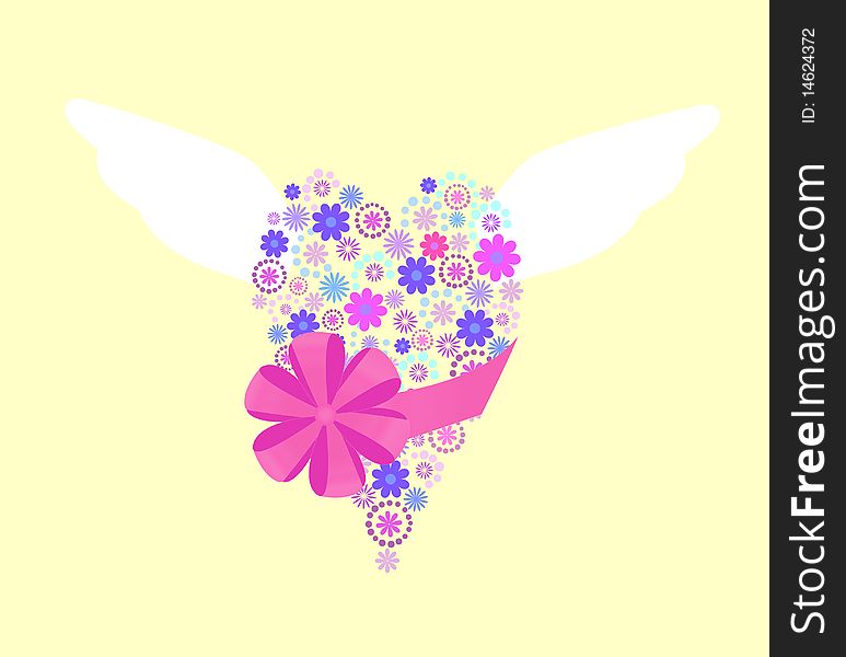 Flying heart which consists of flowers with bow