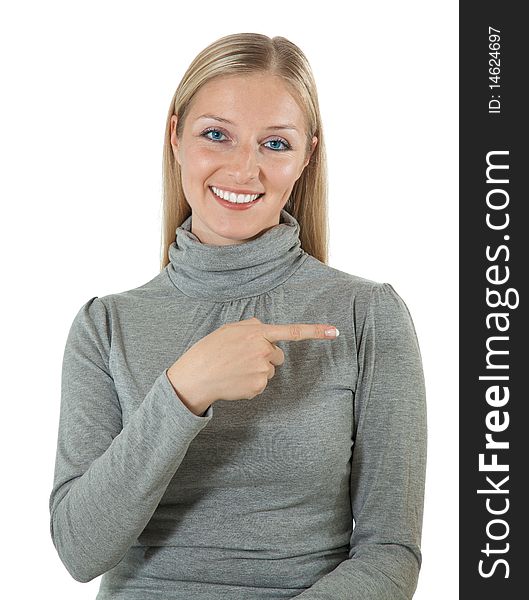 Isolated woman pointing hand, finger on isolated white background. Isolated woman pointing hand, finger on isolated white background