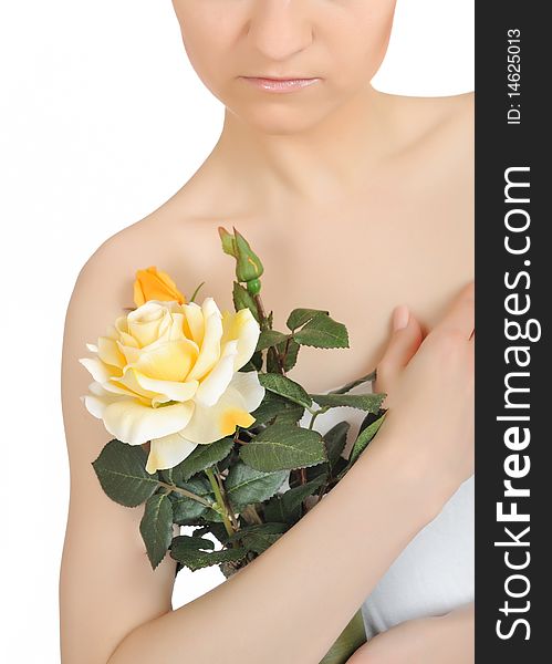 Beautiful woman holding yellow rose plant. white background