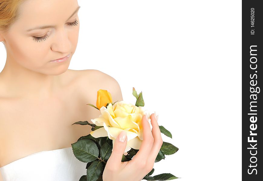Beautiful woman holding yellow rose plant. white background