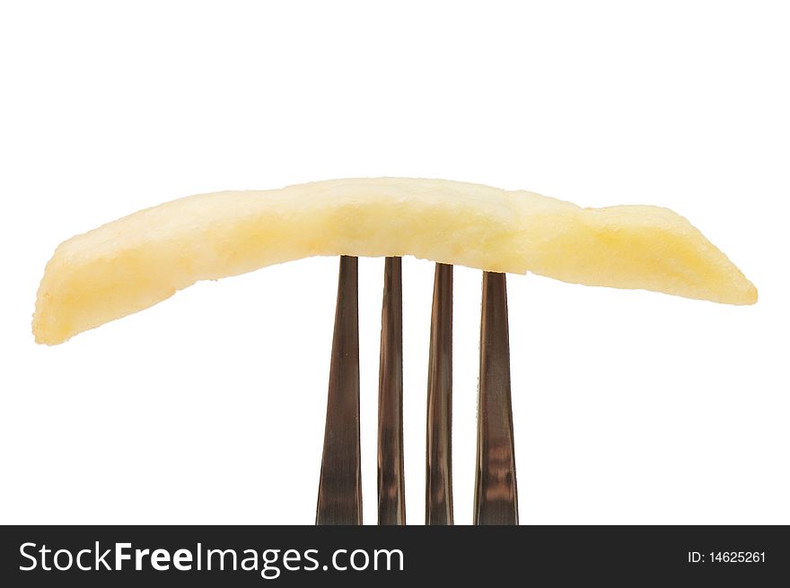 Fried chipped potato on a fork macro