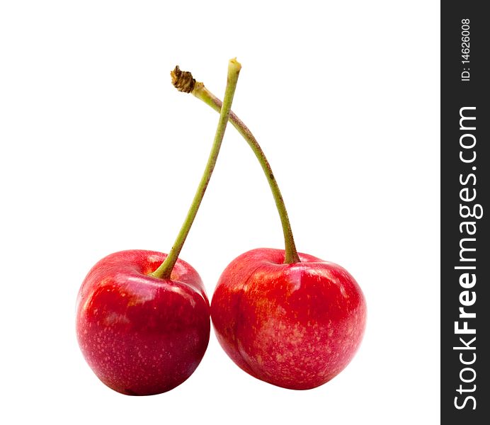 Red sweet cherries on a white background