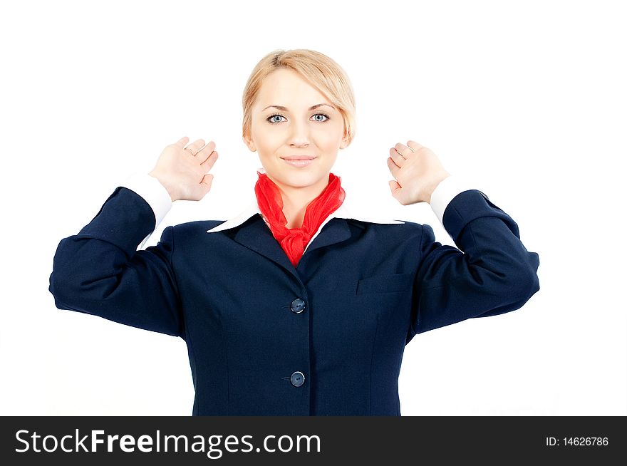 Stewardess shoing the exit isolated on white background. Stewardess shoing the exit isolated on white background