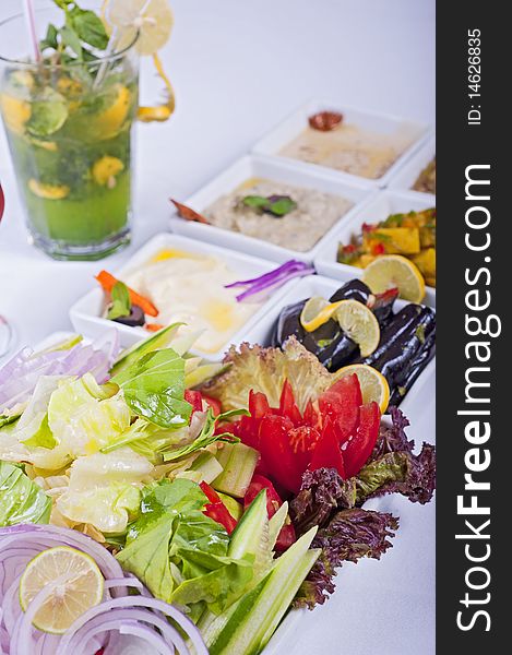 Selection of fresh salads in a restaurant