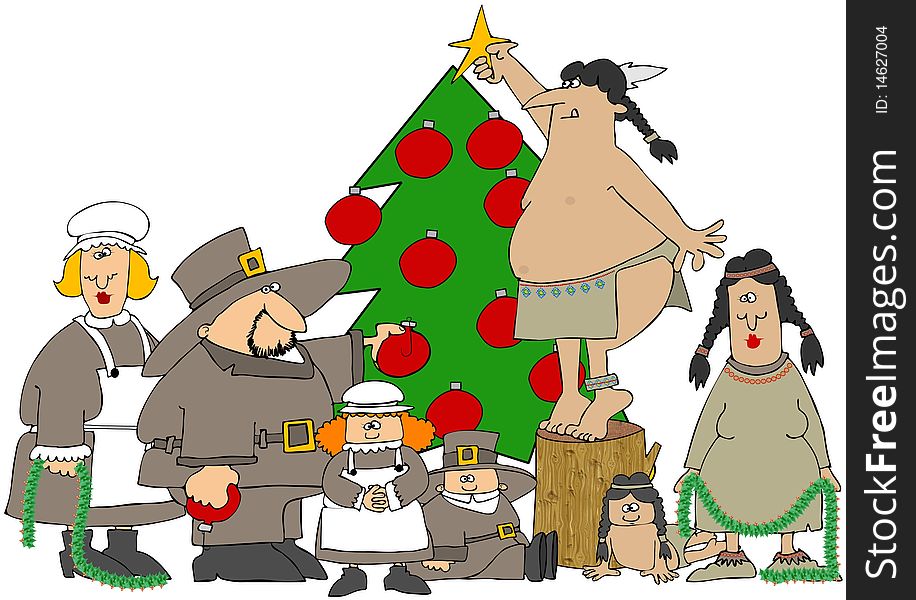 This illustration depicts a comical 1st Christmas with Pilgrims and Native American Indians decorating a Christmas tree. This illustration depicts a comical 1st Christmas with Pilgrims and Native American Indians decorating a Christmas tree.