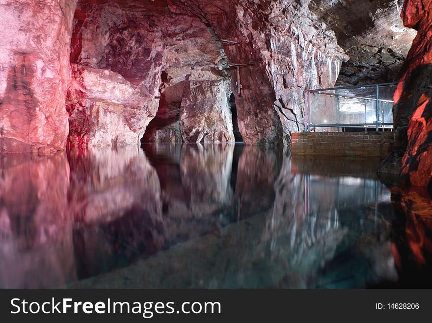 The flooded part of the mine, lit by colourful lighting set. The flooded part of the mine, lit by colourful lighting set.