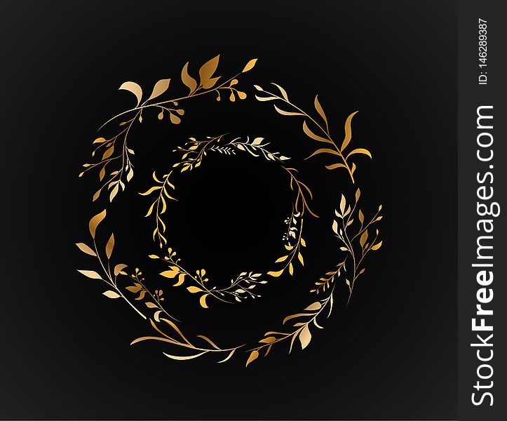 Double Circle Gold Leaves . Wedding Floral Set Invite Cards Design With Golden Vector Style