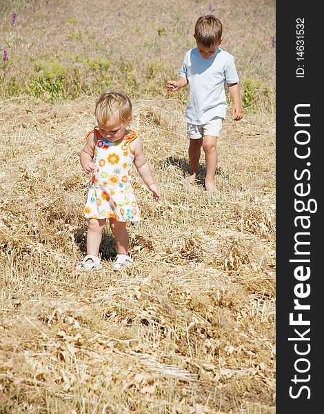 Kids walking on rural background