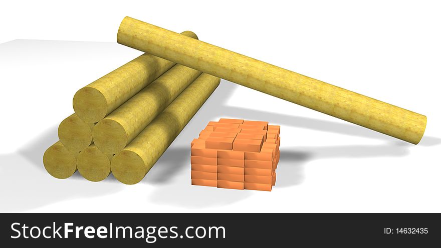 The logs combined by a pile with a laying log across, the combined brick nearby lays. Logs and bricks are meant as building materials. The logs combined by a pile with a laying log across, the combined brick nearby lays. Logs and bricks are meant as building materials.