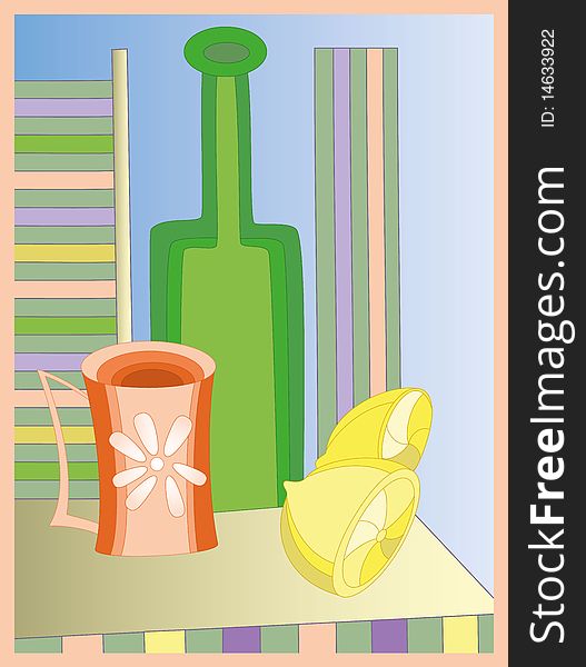 Illustration of green bottle cup and two lemons on the table. High resolution (6000 x 7876px) JPG preview. Illustration of green bottle cup and two lemons on the table. High resolution (6000 x 7876px) JPG preview.