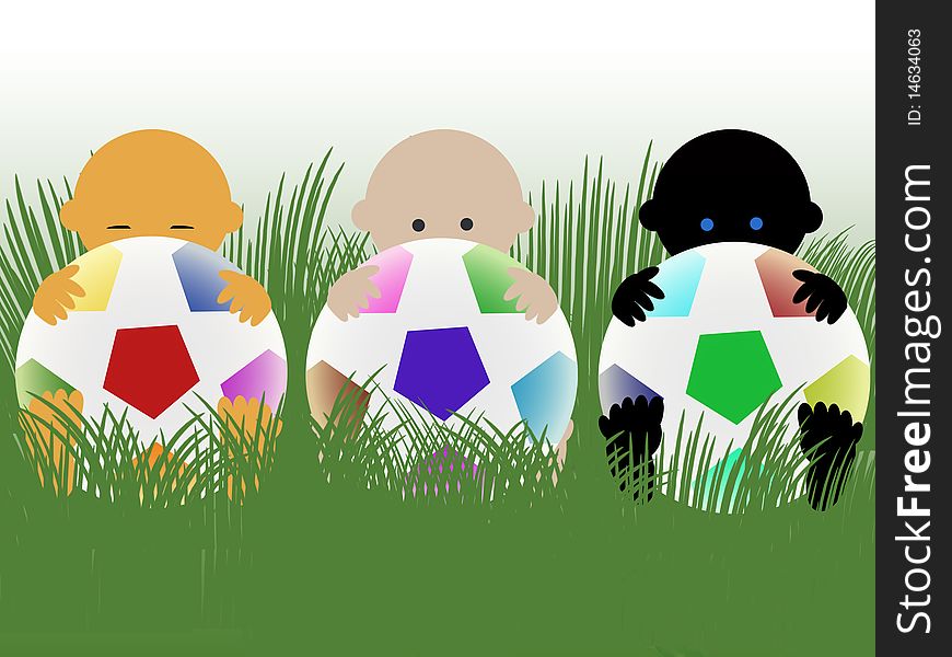 Three multiracial babies with footballs on grass